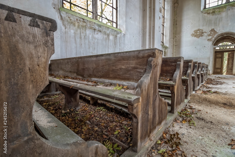 benches in an abandoned church benches in an abandoned church