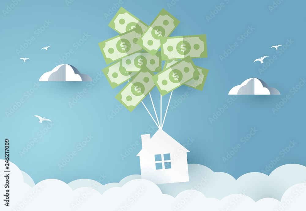  house hanging with money balloon on sky. Paper art