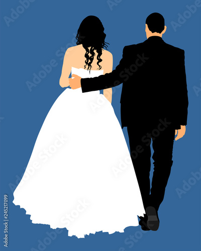 Groom and bride wedding day, in dress and suit vector illustration. Young wedding couple. Happy bride and groom after wedding ceremony. Just married couple in love. Sweet closeness and ceremony  day.
