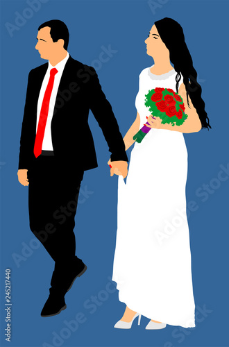 Groom and bride wedding day, in dress and suit vector illustration. Young wedding couple. Happy bride and groom after wedding ceremony. Just married couple in love. Sweet closeness and ceremony  day.