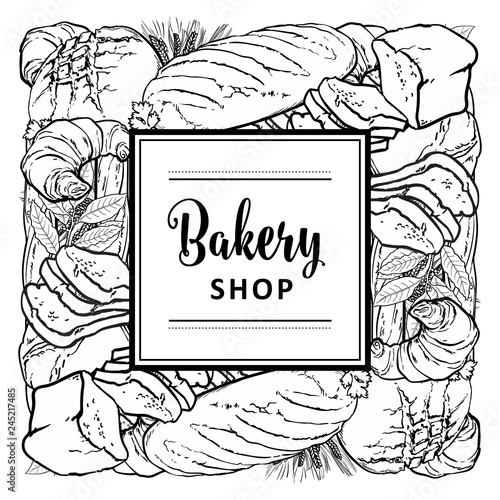 Vector bakeshop brand logo with loafs of white, brown rye bread and frame for name. Monochrome bakery menu background, illustration for cafe or restaurant. Baking food package template.