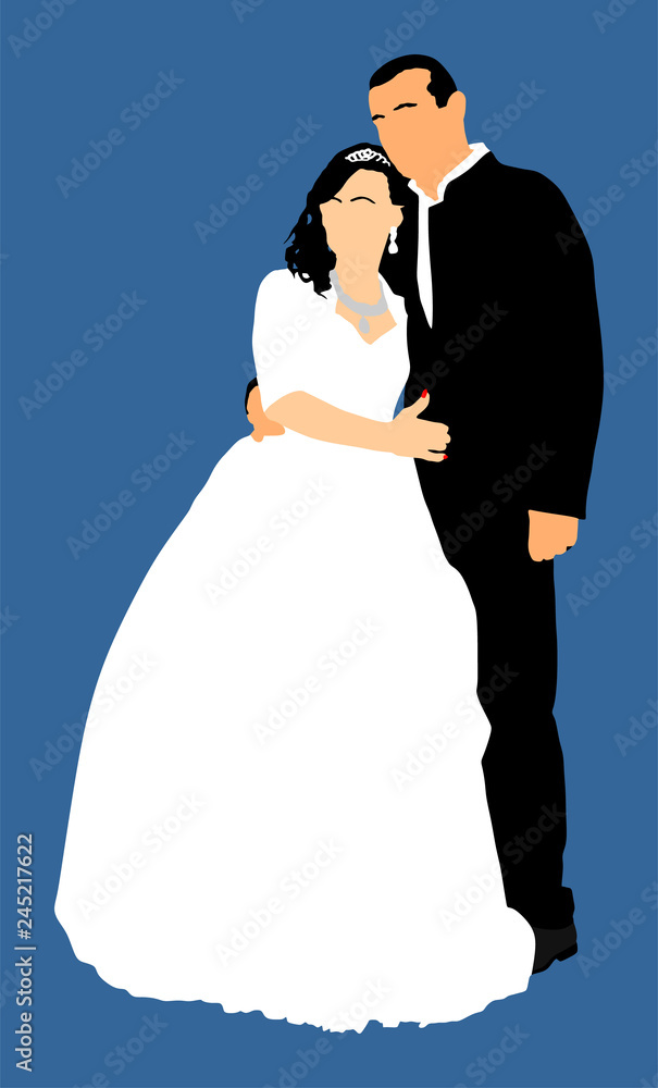 Groom and bride wedding day, in dress and suit vector illustration. Young wedding couple. Happy bride and groom after wedding ceremony. Just married couple in love. Sweet closeness and ceremony day. Groom and bride wedding day, in dress and suit vector illustration. Young wedding couple. Happy bride and groom after wedding ceremony. Just married couple in love. Sweet closeness and ceremony day.