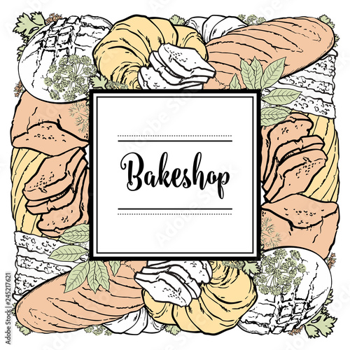 Vector bakeshop brand logo with loafs of white, brown rye bread, croissant and frame for name. Bakery menu background, illustration for cafe or restaurant. Baking food package template.