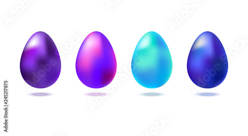 Set of eggs with shadow for Easter day greeting design. Realistic metallic shine eggs. Collection for Invitation template, promotion, poster, flyer, web, design. Vector isolated on white background.