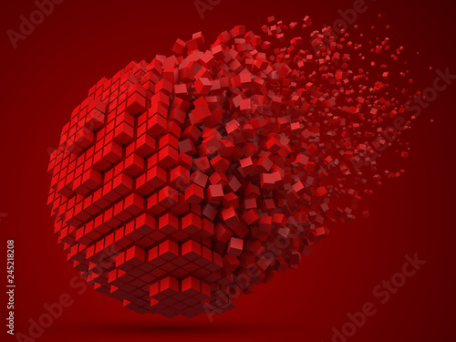 dissolving spherical data block. made with red cubes. 3d pixel style vector illustration.