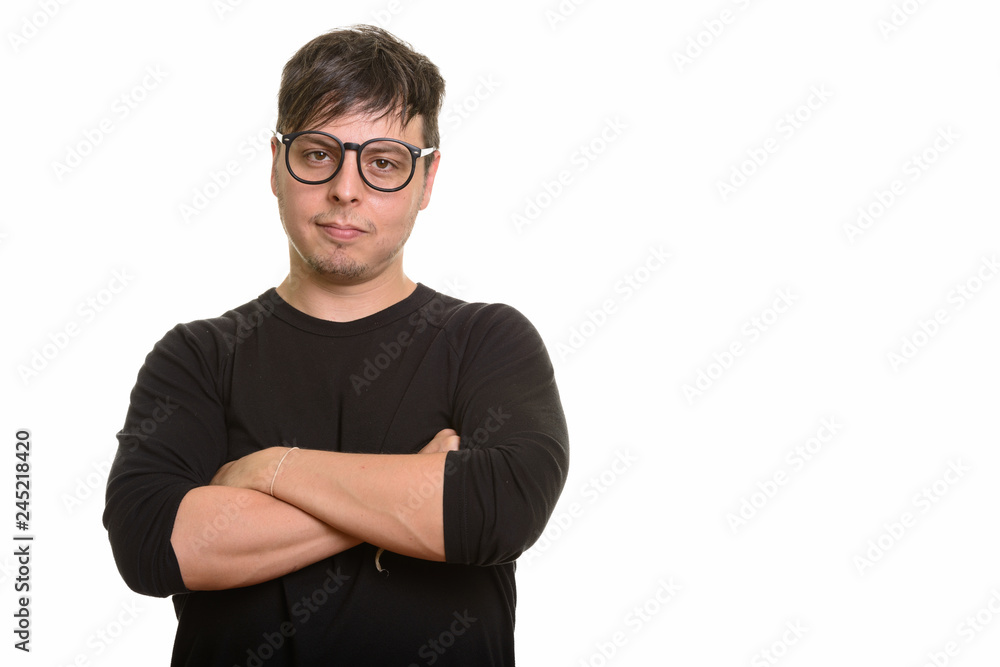 Studio shot of Caucasian man isolated against white background Studio shot of Caucasian man isolated against white background