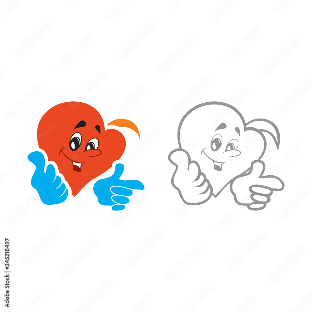 Vector illustration of the character heart boy points a finger aside. Set of vector symbols. Fiery flame of love in the children's picture of the animation character. Flat design Monohrome Vector illustration of the character heart boy points a finger aside. Set of vector symbols. Fiery flame of love in the children's picture of the animation character. Flat design Monohrome