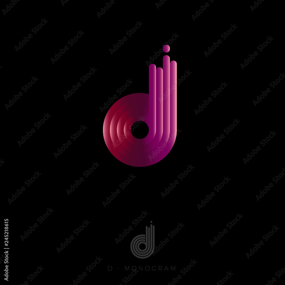 Plakat D letter logo. D monogram. The original logo consists of rounded stripes with a gradient. Bright backlight. 3D illusion.