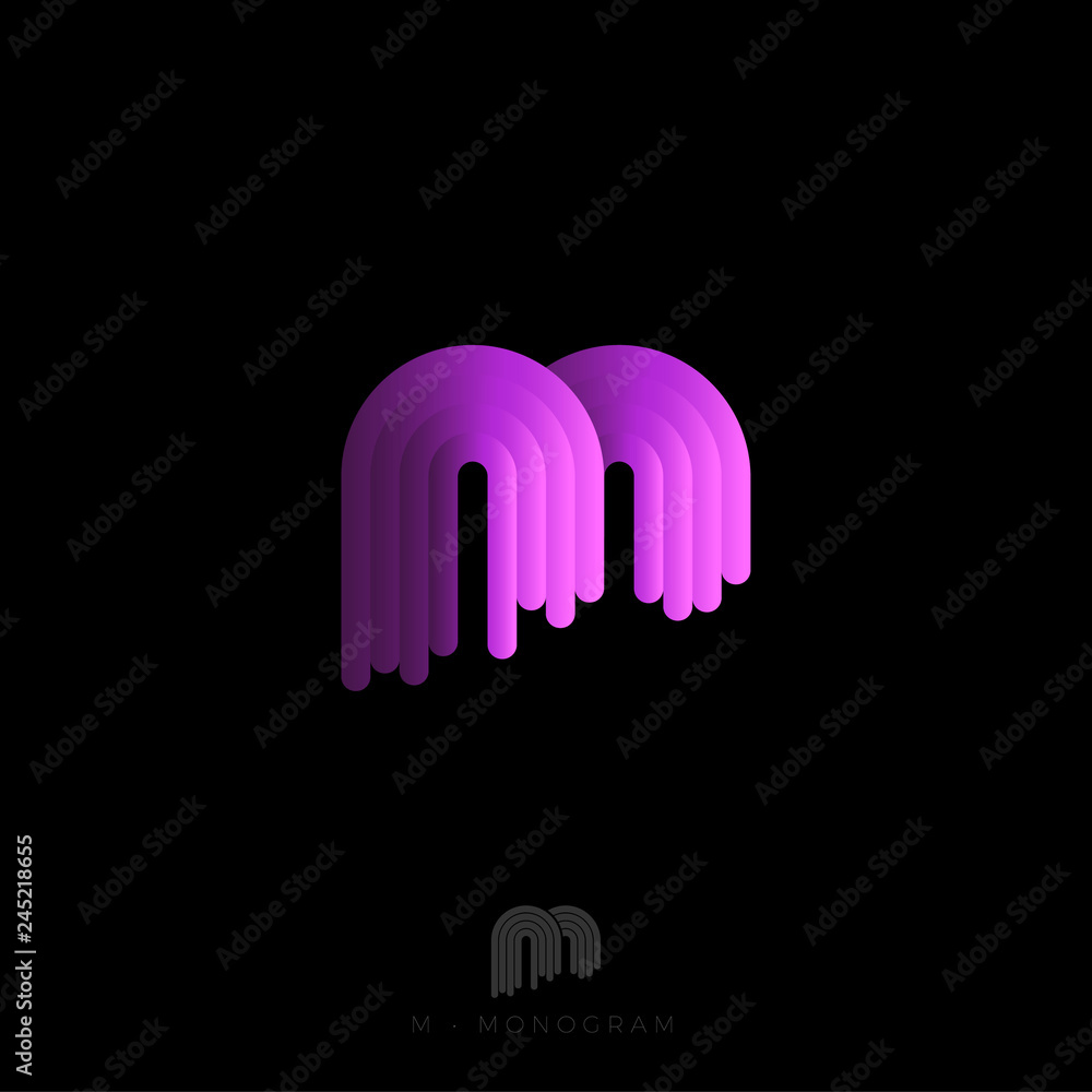 M letter logo. M monogram. The original logo consists of rounded stripes with a gradient. Bright backlight. 3D illusion. M letter logo. M monogram. The original logo consists of rounded stripes with a gradient. Bright backlight. 3D illusion.