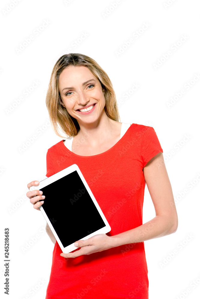 Gorgeous woman holding a tablet - isolated Gorgeous woman holding a tablet - isolated