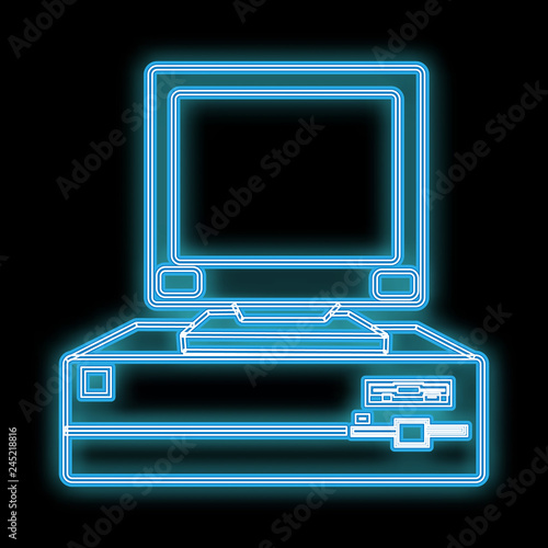 A beautiful blue bright glowing abstract neon sign from an old retro vintage songpad computer from the 80s, 90s and copy space on a black background. Vector