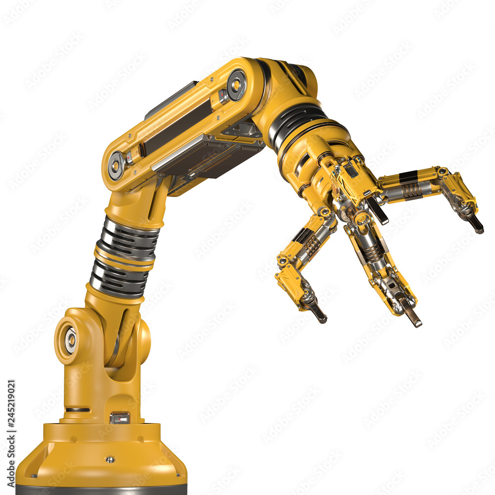Robotic arm. Yellow mechanical hand. Industrial robot manipulator. Futuristic industrial technology. Isolated on white background. 3D Render Robotic arm. Yellow mechanical hand. Industrial robot manipulator. Futuristic industrial technology. Isolated on white background. 3D Render