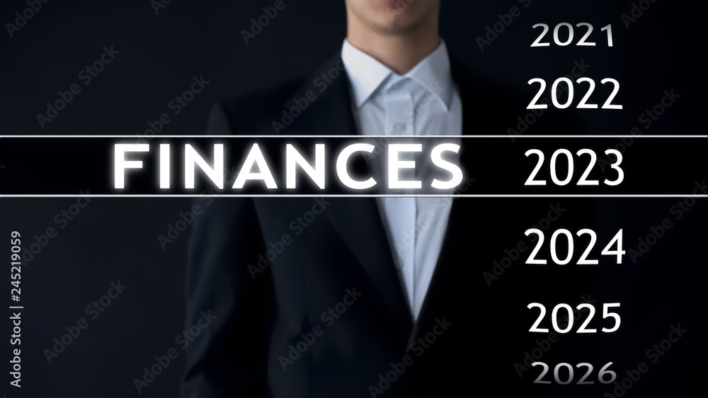 Businessman selects 2023 finances report on virtual screen, money statistics Businessman selects 2023 finances report on virtual screen, money statistics