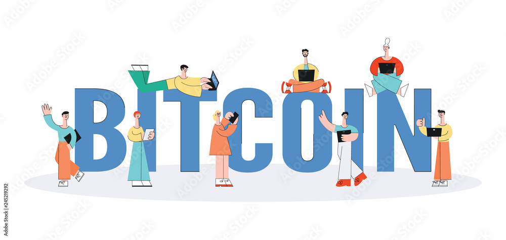 Fototapeta premium Vector people use bitcoin via digital devices set