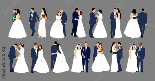 Groom and bride wedding day, in dress and suit vector illustration. Young wedding couple. Happy bride and groom after wedding ceremony. Just married couple in love. Sweet closeness and ceremony  day.