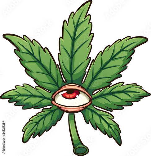 Cartoon marijuana leaf with red eye. Vector clip art illustration with simple gradients. All in a single layer. 