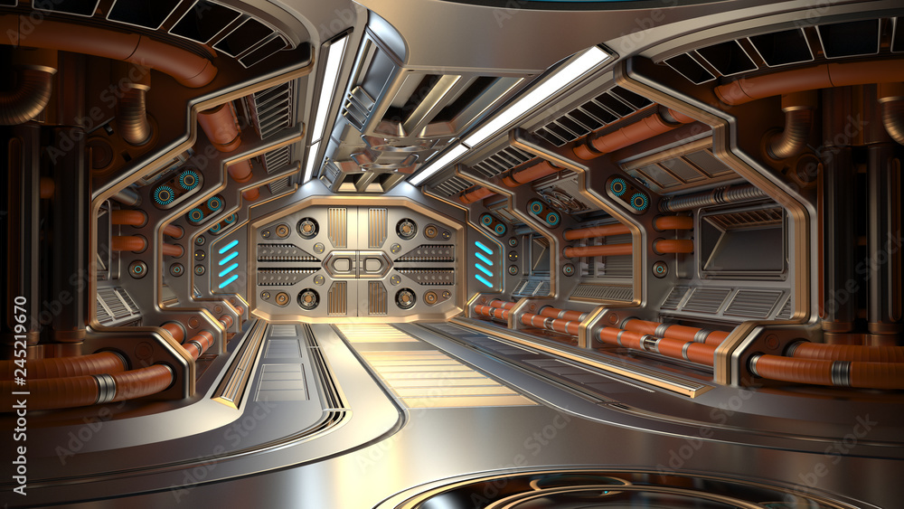 Sci-Fi station corridor futuristic spaceship interior. 3d illustration Stock Illustration | Adobe