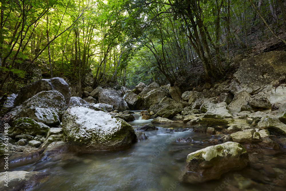 Beautiful waterfall in autumn forest in crimean mountains. Stones with moss in the water. Blurred water.