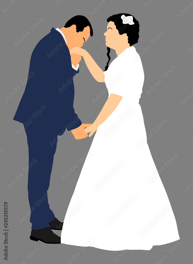 Groom and bride wedding day, in dress and suit vector illustration. Young wedding couple. Happy bride and groom after wedding ceremony. Just married couple in love. Sweet closeness and ceremony  day.