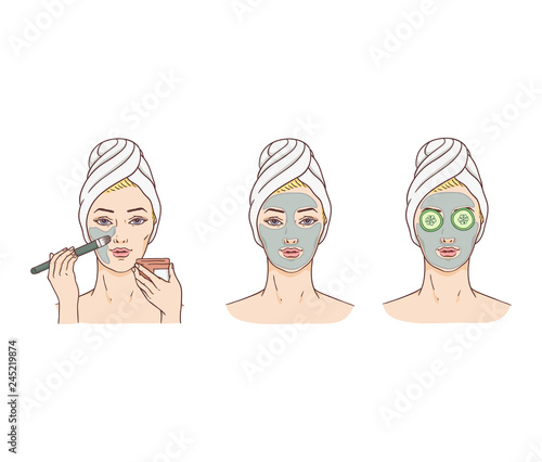 Vector woman and stages of applying facial mask. Face skin treatment and therapy concept. Young woman with towel and spa salon. Cosmetic skincare product packaging design.