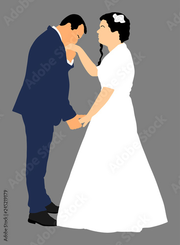 Groom and bride wedding day  in dress and suit vector illustration. Young wedding couple. Happy bride and groom after wedding ceremony. Just married couple in love. Sweet closeness and ceremony  day.