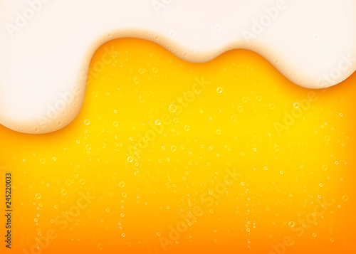 Yellow horizontal beer background with white foam and bubbles. Liquid alcohol background for pub and bar menu, banners and flyers. Beer with foam vector illustration in realistic style.
