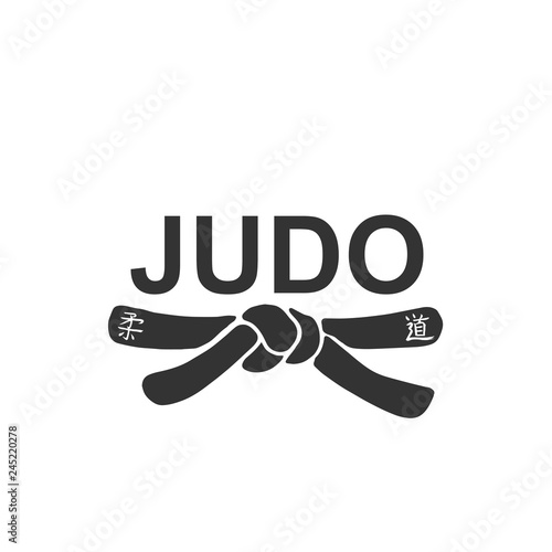 Judo - vector stylized font with black belt  knot of japanese martial arts on white background. Hand drawn asian sport calligraphy