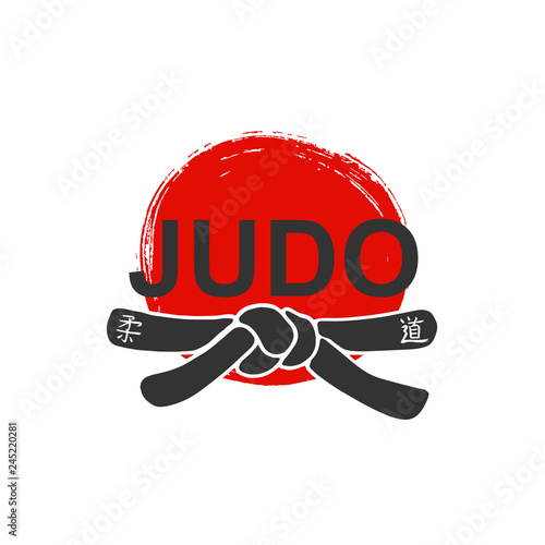 Judo - vector stylized font with black belt  knot of japanese martial arts on white background with red ink sun. Hand drawn asian sport calligraphy