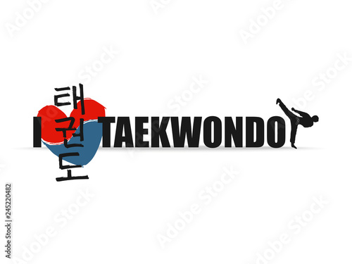Hand drawn Hieroglyph translates Taekwondo. Vector Korean martial art symbols on white background with red and blue heart stamp and man do  kick. Ink brush Korea calligraphy font.