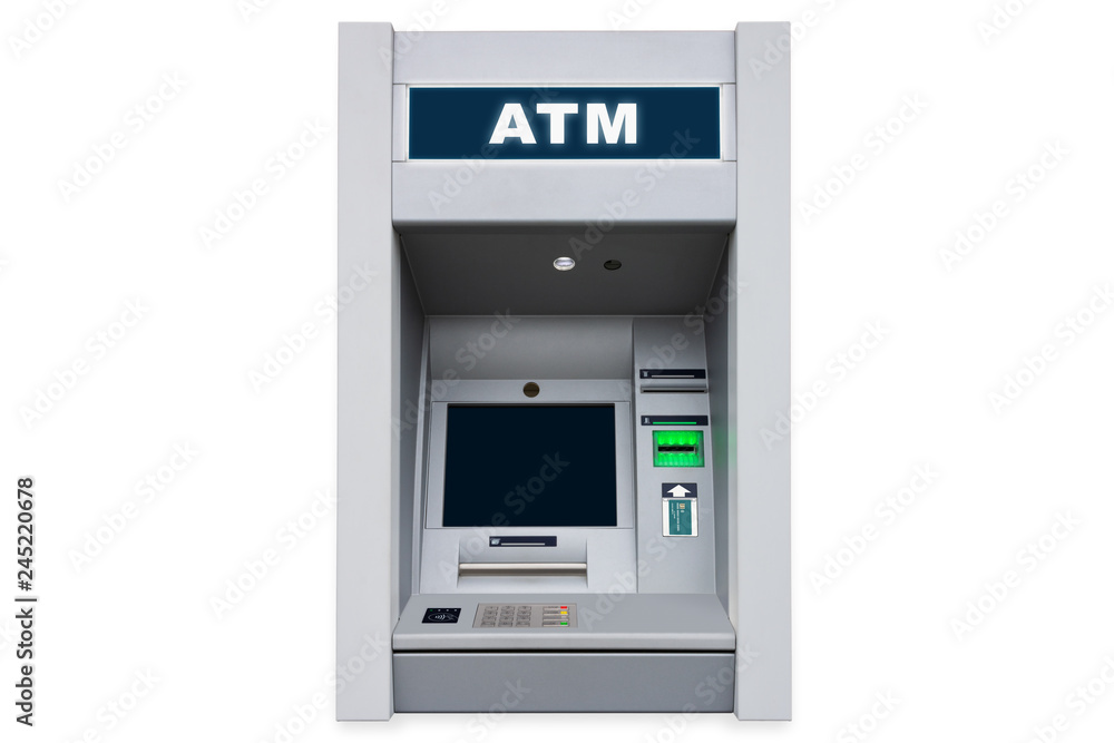 ATM cash machine with empty screen and contactless payment card support isolated on white background with pail shadow ATM cash machine with empty screen and contactless payment card support isolated on white background with pail shadow