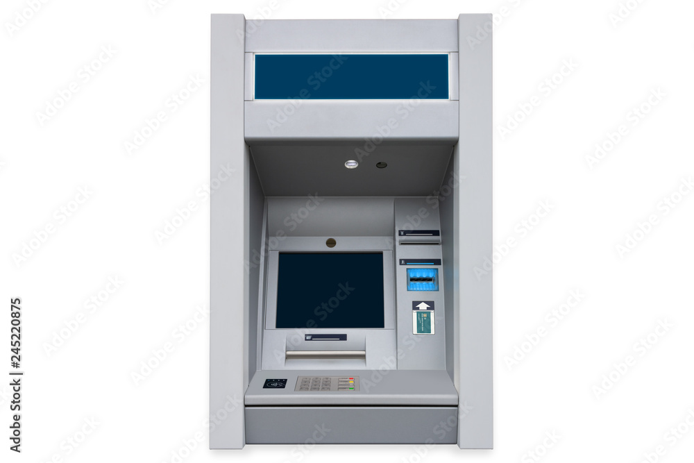 ATM cash machine with empty screen and contactless payment card support isolated on white background with pail shadow ATM cash machine with empty screen and contactless payment card support isolated on white background with pail shadow