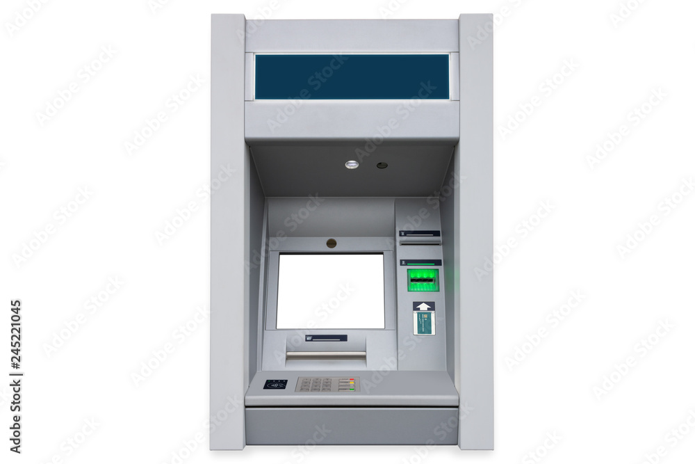 ATM cash machine with empty screen and contactless payment card support isolated on white background with pail shadow ATM cash machine with empty screen and contactless payment card support isolated on white background with pail shadow
