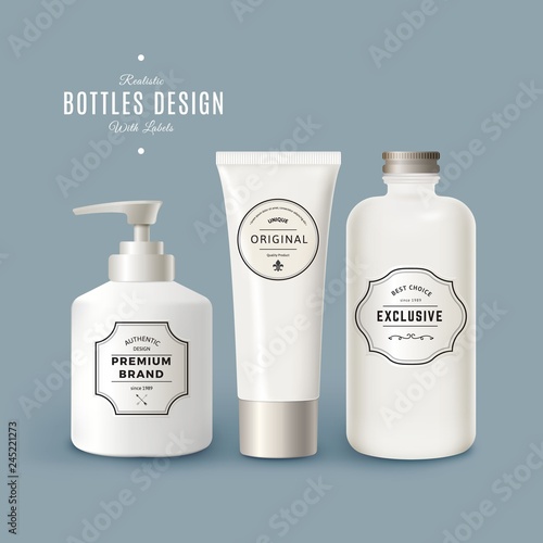 Vector Set of White Realistic Plastic Bottles with Vintage Labels. Product Packaging Design. Plastic Container Mock Up