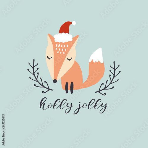 Vector cute fox. Merry Christmas, Holly Jolly. Nursery holiday illustration.