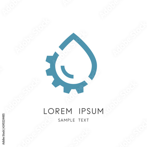 Oil and gear wheel logo - drop of water or petrol and pinion symbol. Internal combustion engine, hydro power and alternative energy source, industry and ecology vector icon.