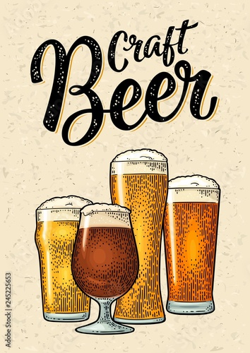 Glass with different types beer - lager, ale, stout. Vintage color engraving