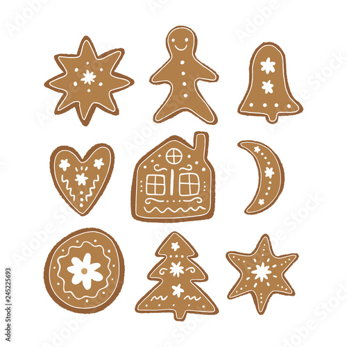 Ginger cookies holiday cookies collection, flat vector icons, biscuit art.