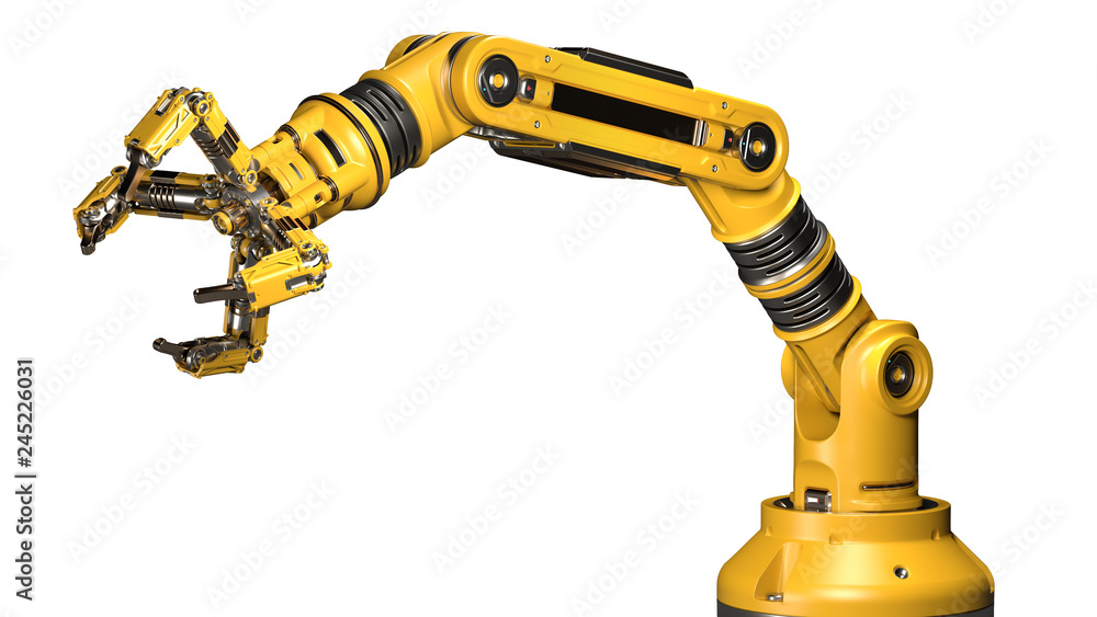 Robotic arm. Yellow mechanical hand. Industrial robot manipulator.  Futuristic industrial technology. Isolated on white background. 3D Render  Stock イラスト | Adobe Stock