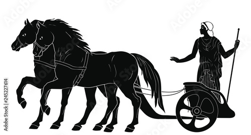 The ancient Greek goddess Hera in a tunic with a rod in her hand stands on the chariot.