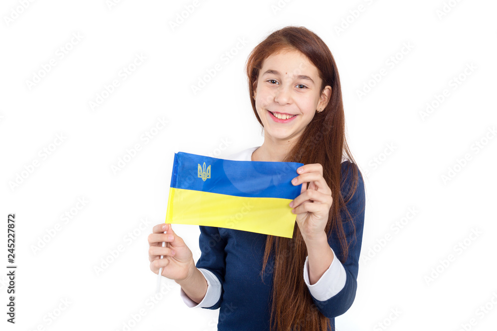 Beautiful girl with the flag of Ukraine on a white background. Learn Ukrainian language. Beautiful girl with the flag of Ukraine on a white background. Learn Ukrainian language.