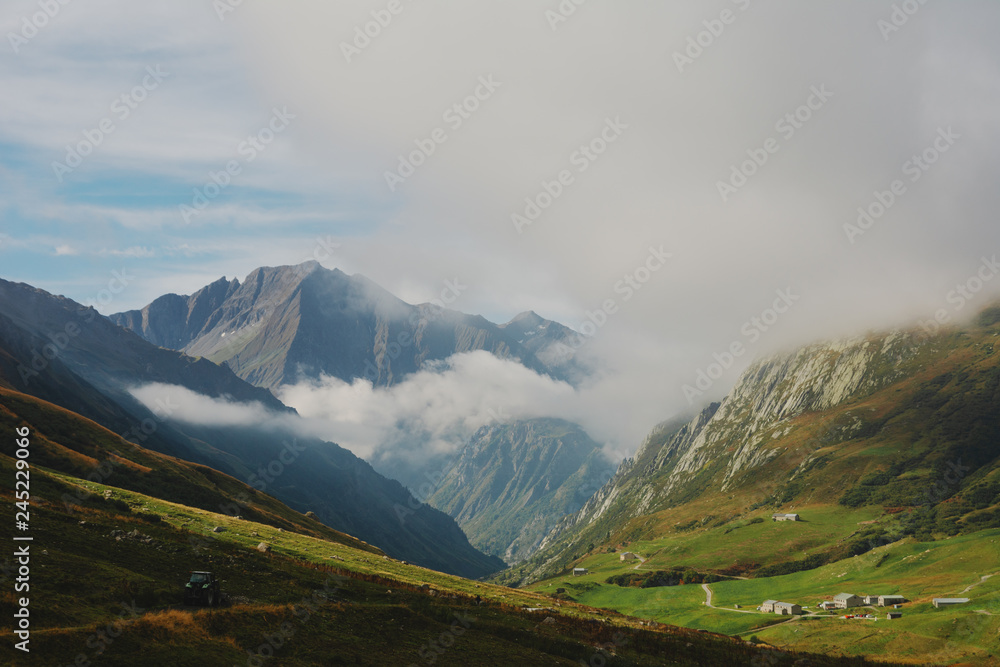 Mountain landscape in the French Alps with beautiful views of the valleys and peaks.