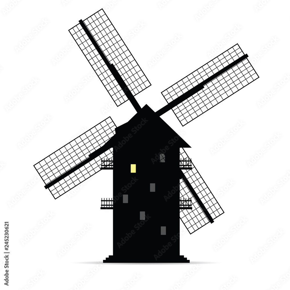 windmill vector silhouette with window light one