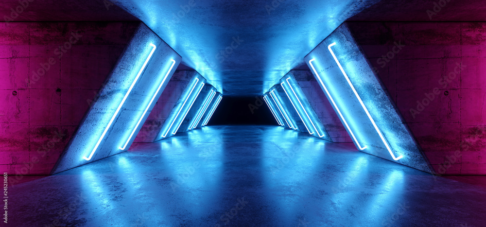 Fototapeta premium Futurystyczny Sci Fi Nowoczesne Realistyczne Neon Świecące Fioletowe Różowe Niebieskie Led Lampki laserowe w grunge Szorstkie betonowe Odblaskowe Ciemne Puste Korytarz tunelowy Tło Rendering 3D