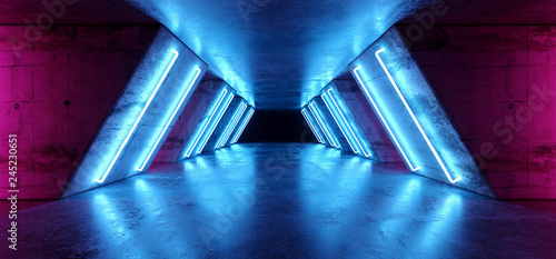 Fototapeta Naklejka Na Ścianę i Meble -  Futuristic Sci Fi Modern Realistic Neon Glowing Purple Pink Blue Led Laser Light Tubes In Grunge Rough Concrete Reflective Dark Empty Tunnel Corridor Background 3D Rendering