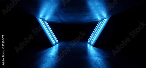 Fototapeta Naklejka Na Ścianę i Meble -  Futuristic Sci Fi Modern Realistic Neon Glowing Blue Led Laser Light Tubes In Grunge Rough Concrete Reflective Dark Empty Tunnel Corridor Background 3D Rendering