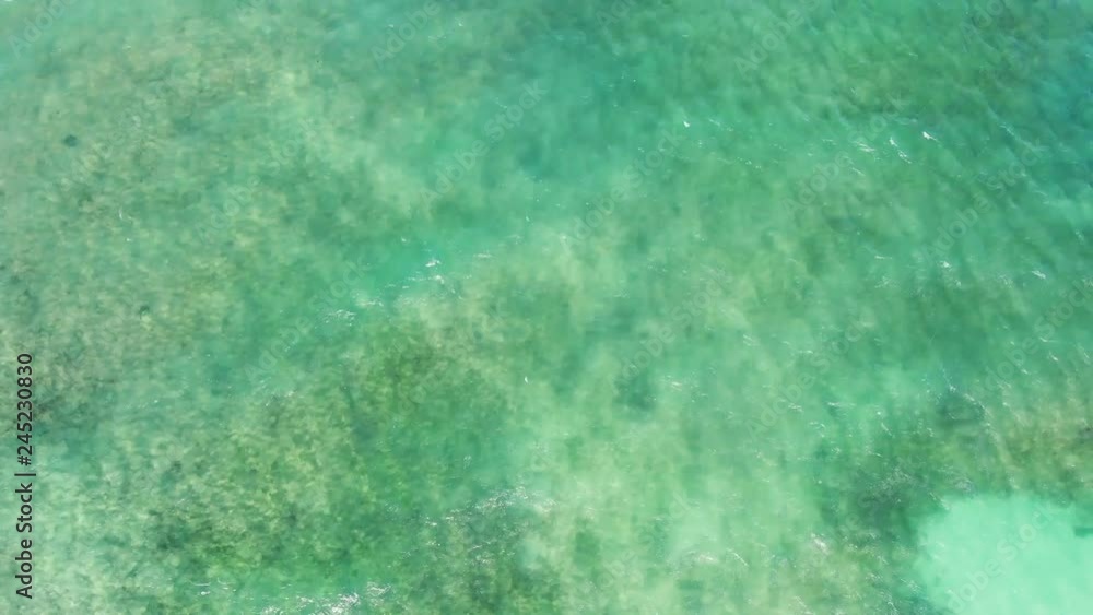 Flight over the sea beach yellow sand is replaced blue turquoise ocean water Flight over the sea beach yellow sand is replaced blue turquoise ocean water