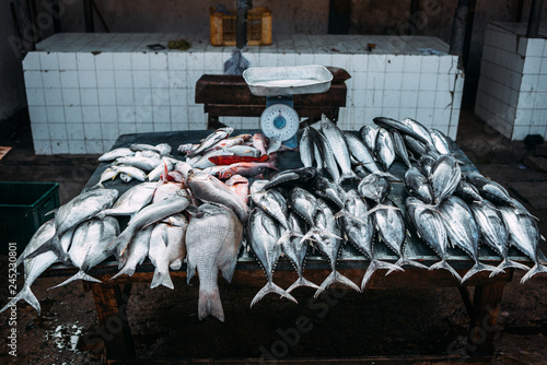 The market for marine fish. Street market. Sale of fresh fish. Freshly caught fish. Fish shop. Products for the restaurant. Fishery. Asian cuisine. Seafood. Healthy diet. Fisherman. Catch. Fresh food
