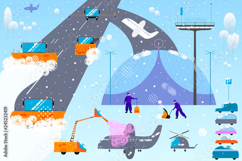 Snow and ice removal concept. Snow plow machines, equipment and tiny people in modern cartoon flat style