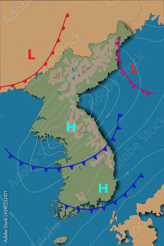 Weather map of the KOREA. Realistic synoptic map of the country showing isobars and weather fronts.Meteorological forecast. Vector illustration. EPS 10