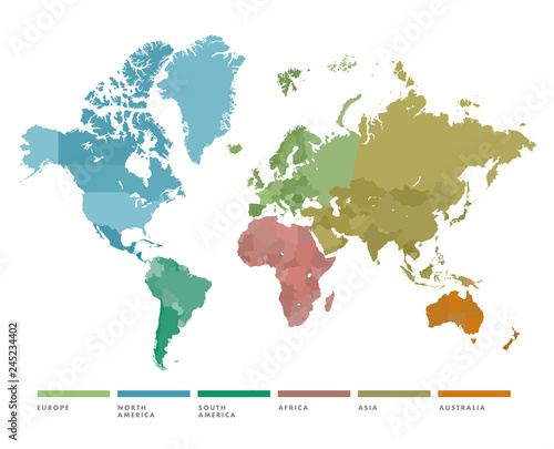 World map with continent in different color
